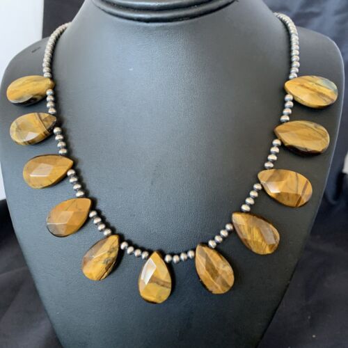 Navajo Pearl Sterling Silver Necklace | Coffee Tiger's Eye Teardrop Pendant | 21" | 11748