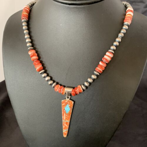 Navajo Pearls Sterling Silver Necklace | Opal Red Spiny Oyster Inlay Pendant | Authentic Native American Handmade | 11322