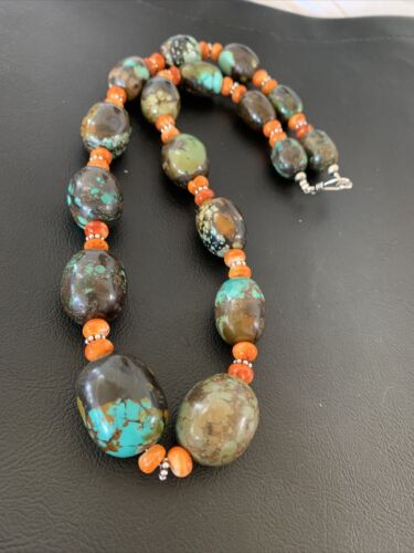 Navajo Green Turquoise & Orange Spiny Oyster Necklace | Sterling Silver | 23" | 1845