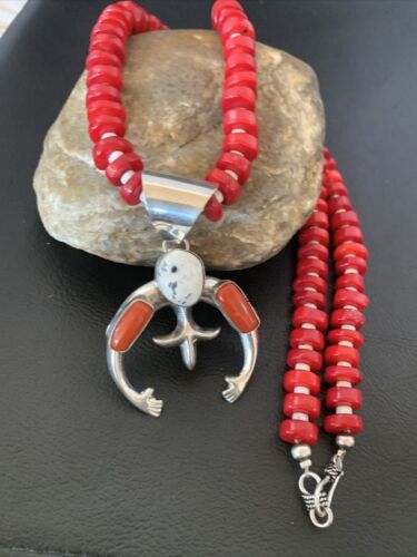 Navajo White Buffalo Turquoise Coral Naja Pendant | Sterling Silver | Authentic Native American Handmade | 10519