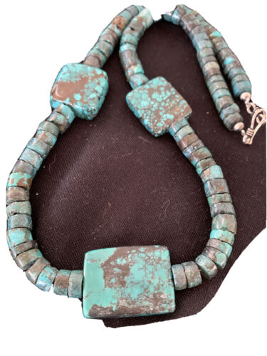 Native American Rustic Turquoise Nugget Heishi Bead Necklace | Sterling Silver | 22" | 01397