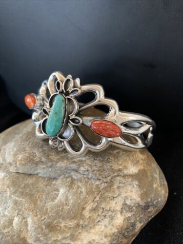 Men's Navajo Kingman Turquoise & Spiny Oyster Bracelet | Sterling Silver | Authentic Native American Handmade | 01032