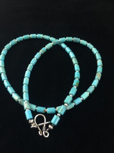 Native American Blue Turquoise Tube Necklace | Sterling Silver | 20" | 10009 - Masha USA
