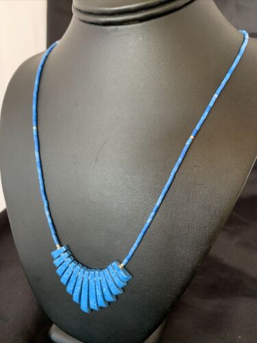 Navajo Denim Lapis Bead Necklace | Sterling Silver | Tube Heishi Fan Pendant | 20" | 10475