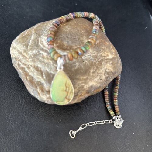 Southwestern Women's Green Opal Pendant Necklace | Sterling Silver | 17" | 14422