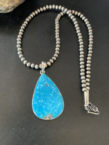 Navajo Pearls Blue Kingman Turquoise Necklace Pendant | Sterling Silver | Authentic Native American Handmade | 11810