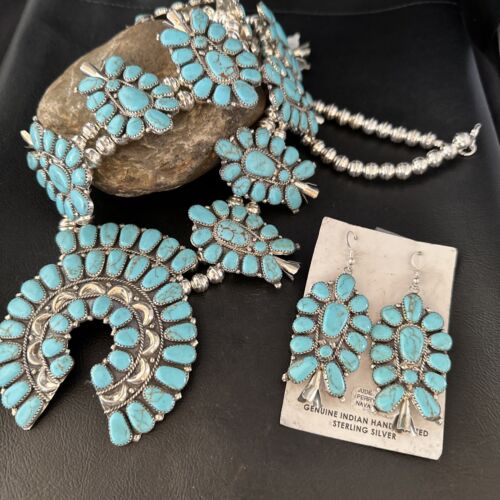 Navajo Blue Turquoise Squash Blossom Necklace & Earrings | Sterling Silver | Authentic Native American Handmade | 14483