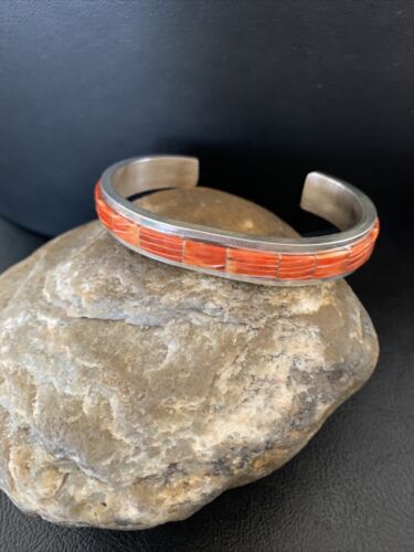 Navajo Native American Red Spiny Oyster Inlay Bracelet | Sterling Silver | Authentic Handmade | 1166