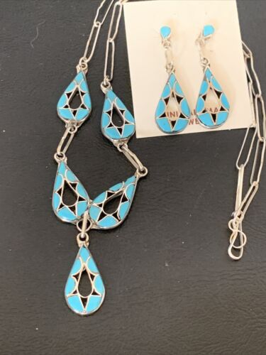 Southwestern Zuni Blue Turquoise Inlay Necklace | Sterling Silver | 19" | Native American Handmade | 11911