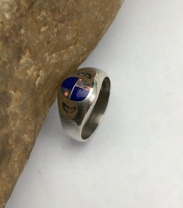 Navajo Multi-Color Opal & Lapis Inlay Ring | Sterling Silver | Sz 5.5 | Authentic Native American Handmade | 01721