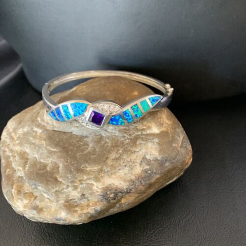Navajo Blue Opal Amethyst Bracelet | Sterling Silver | 7" | Authentic Native American Handmade | 13123