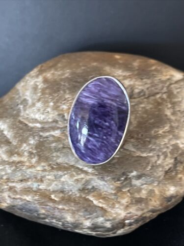 Navajo Women's Oval Purple Charoite Ring | Sterling Silver | Sz 8 Adjustable | Authentic Native American Handmade | 10567
