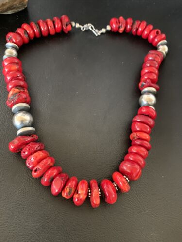 Navajo Red Coral Bead Necklace | Sterling Silver | 20" | Authentic Native American Handmade | 13375