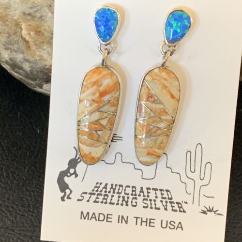 Navajo Snake Swirl Earrings | Orange Spiny Oyster Opal Inlay | Sterling Silver | Native American Handmade | 12022