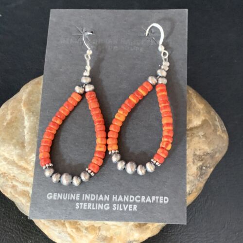 Navajo Red Spiny Oyster Hoop Earrings | Sterling Silver | Authentic Native American Handmade | 13499