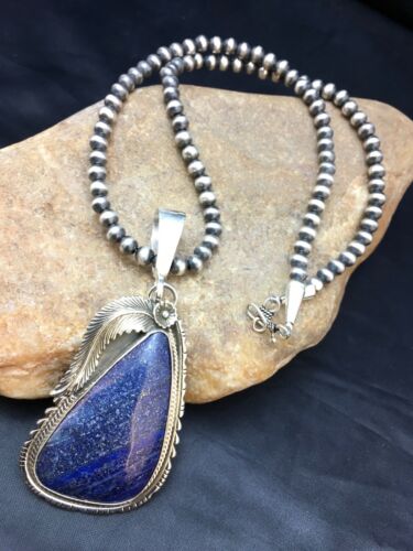 Men's Sterling Silver Navajo Pearls Necklace with Denim Lapis Pendant | Authentic Native American Handmade | 1006
