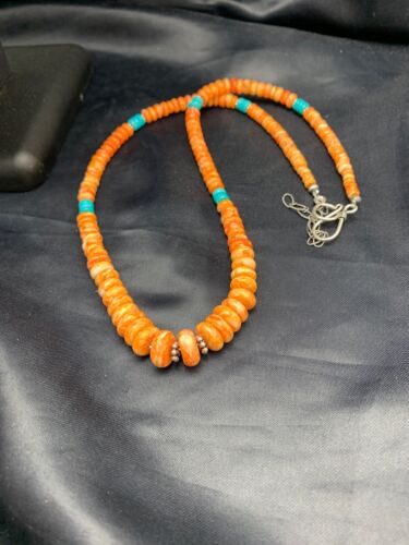 Navajo Spiny Oyster & Turquoise Graduated Necklace | Sterling Silver | Authentic Native American | 20" | 4608