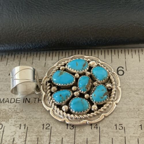 Navajo Blue Turquoise and Multi-Stone Round Cluster Pendant | Authentic Native American Sterling Silver | 2" | 02096