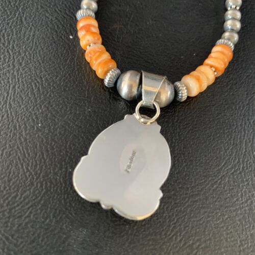 Navajo Orange Spiny Oyster Pendant Necklace | Sterling Silver | Authentic Native American Handmade | N 13650