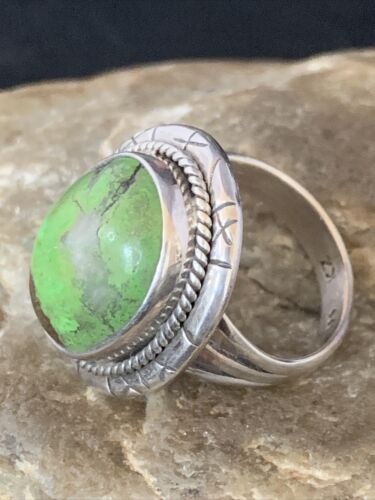 Native American Green Gaspeite Ring | Navajo Sterling Silver | Sz 8.5 | 13779