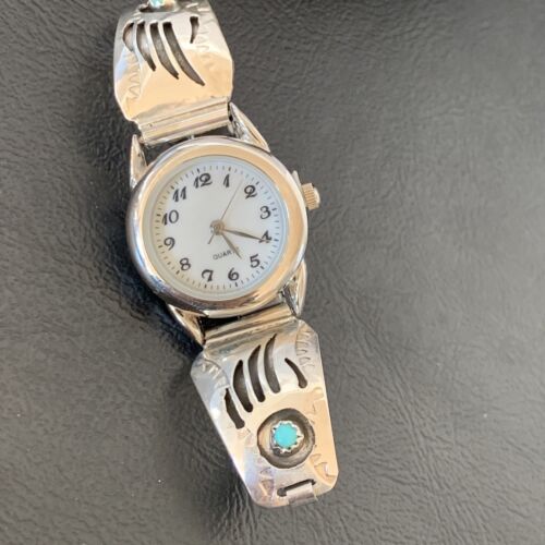 Women's Bear Paw Navajo Sterling Silver Watch Tips with Blue Turquoise Band | Authentic Native American Jewelry | 2095