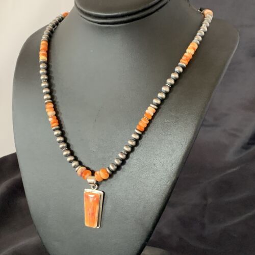 Navajo Pearls Sterling Silver Necklace | Orange Spiny Oyster Pendant | Authentic Native American Handmade | 11386