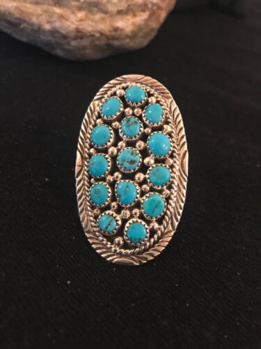 Navajo Kingman Turquoise Cluster Ring | Authentic Native American Sterling Silver | Multi-Stone | Sz 7.5 | 8392