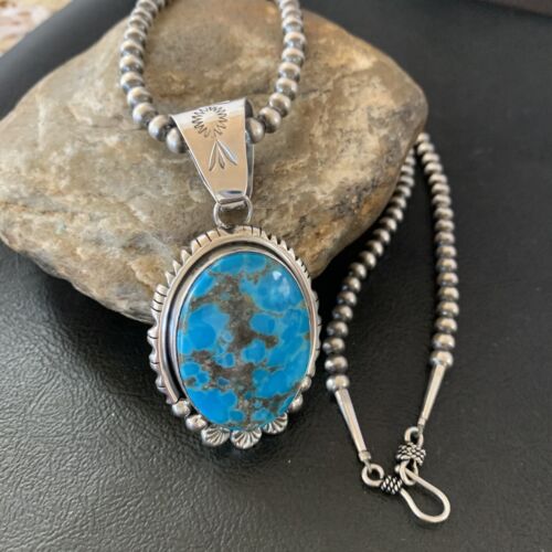 Navajo Pearls Blue Kingman Turquoise Necklace Pendant | Sterling Silver | Authentic Native American Handmade | 10765