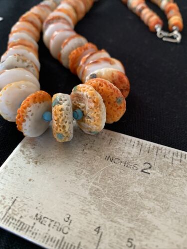 Authentic Navajo Orange Spiny Oyster & Turquoise Necklace | Sterling Silver | 28" | Native American Jewelry
