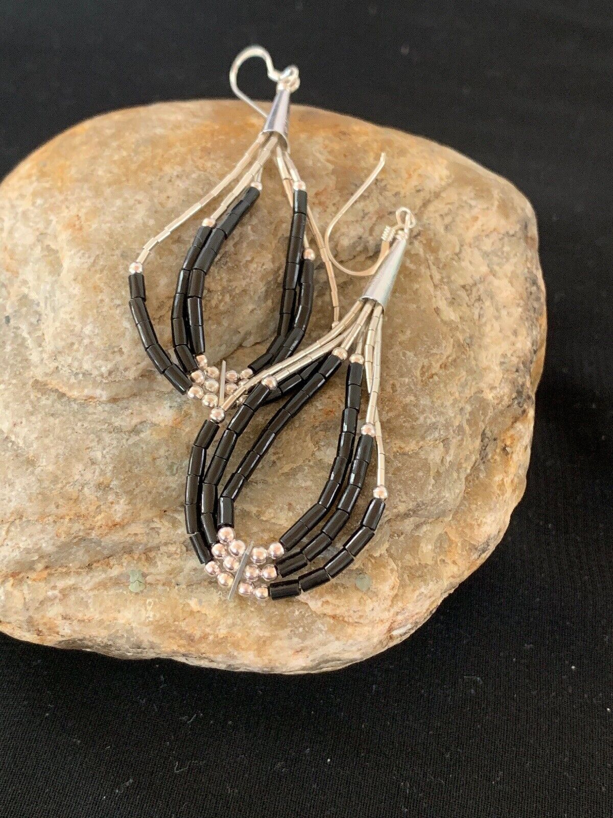 Native American Sterling Silver Heishi Dangle Black Onyx Pendant | 2" Tube | Navajo