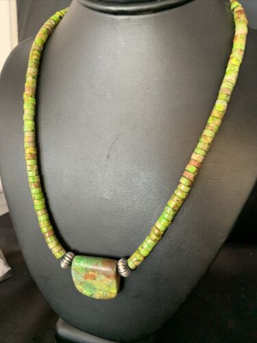 Navajo Green Gaspeite Turquoise Pendant | Sterling Silver | Authentic Native American Handmade | 13900