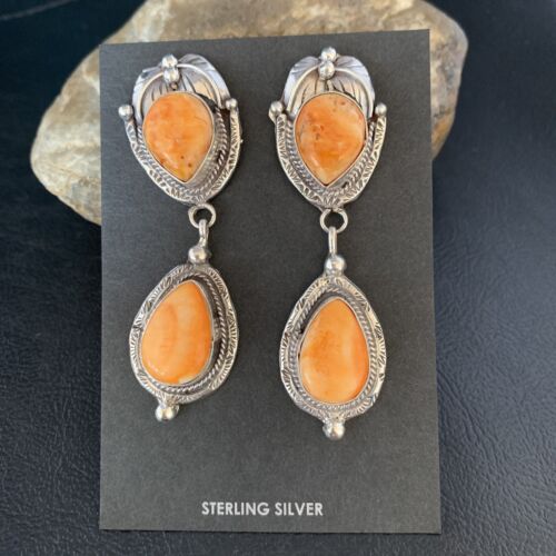 Navajo Orange Spiny Oyster Dangle Earrings | Sterling Silver | Authentic Native American Handmade | 13819