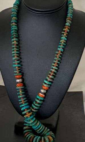 Navajo Sterling Silver Necklace | Natural Green Turquoise & Spiny Oyster | Graduated | Authentic Native American | 28" | 00328