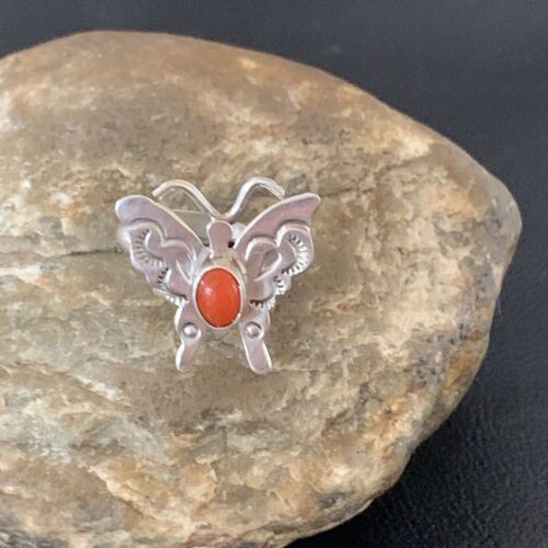 Navajo Red Spiny Oyster Butterfly Ring | Sterling Silver | Adj Sz 8 | Authentic Native American Handmade | 10341