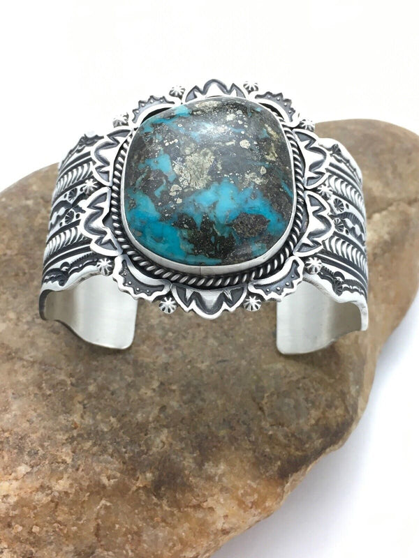 Navajo Bisbee Turquoise Cuff Bracelet | Sterling Silver | Authentic Native American Handmade | 1023