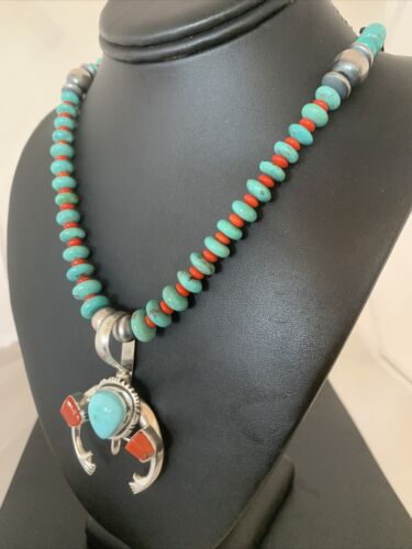 Navajo Pearl Necklace with Blue Turquoise & Coral | Sterling Silver Naja Pendant | 02062