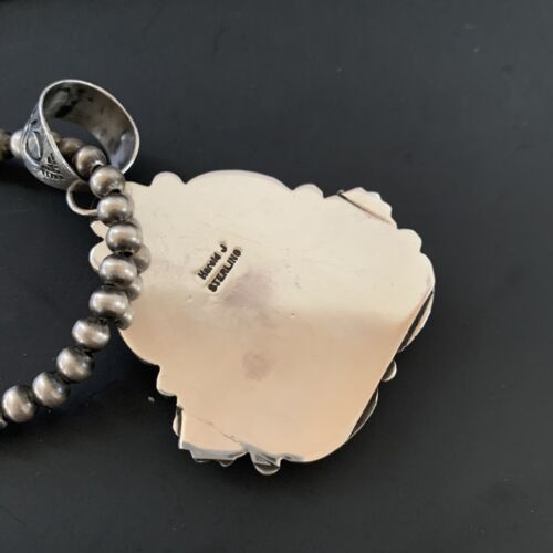 Navajo Pearls Sterling Silver Necklace with Blue Turquoise #8 Pendant | Authentic Native American Handmade | 11311