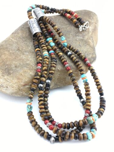 Navajo Multi-Color 3 Strand Necklace | Tiger's Eye & Turquoise | Sterling Silver | 4896