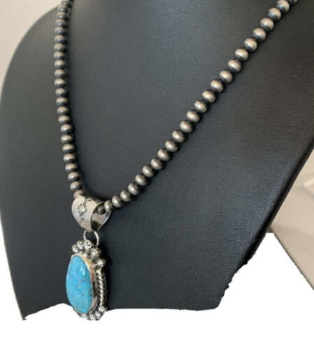 Men's Navajo Pearls Necklace with Blue Kingman Turquoise Pendant | Sterling Silver | Authentic Native American Handmade | 839