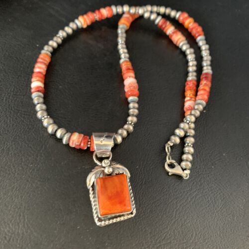 Navajo Pearls Red Spiny Oyster Pendant Necklace | Sterling Silver | 20" | Authentic Native American Handmade | 13654