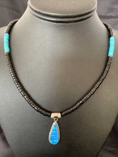 Navajo Opal Pendant Onyx Heishi & Turquoise Necklace | Sterling Silver | Authentic Native American Handmade | 4329