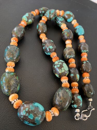 Navajo Green Turquoise & Orange Spiny Oyster Necklace | Sterling Silver | 25" | Authentic Native American Handmade | 1849