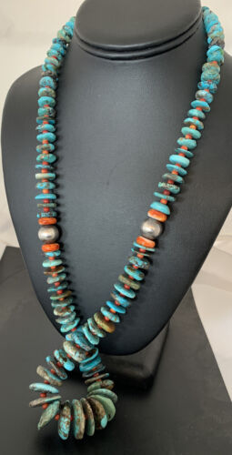 Navajo Natural Blue Turquoise & Spiny Oyster Necklace | Sterling Sliver | Graduated | Authentic Native American | 28" | 330