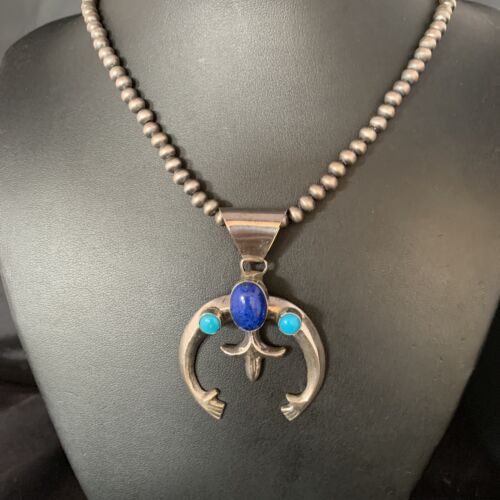 Navajo Blue Lapis Turquoise Pendant Necklace | Authentic Native American Sterling Silver | Naja | 13631