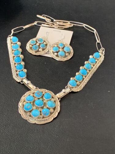 Navajo Blue Kingman Turquoise Necklace & Earrings Set | Sterling Silver | Authentic Native American Handmade | 2113