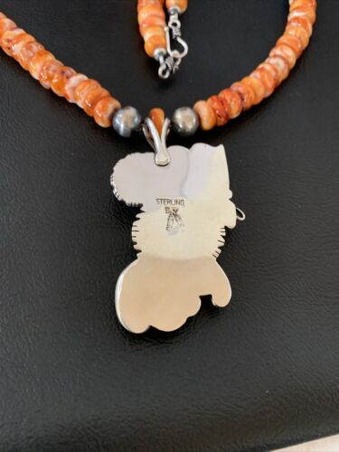 Navajo White Buffalo, Blue Turquoise Spiny Oyster Multi-Stone Pendant | Authentic Native American Sterling Silver | Multi-Stone | 02188