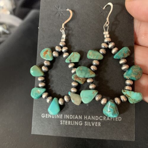 Navajo Green Cluster Turquoise Bead Earrings | Sterling Silver | Authentic Native American Handmade | 13325