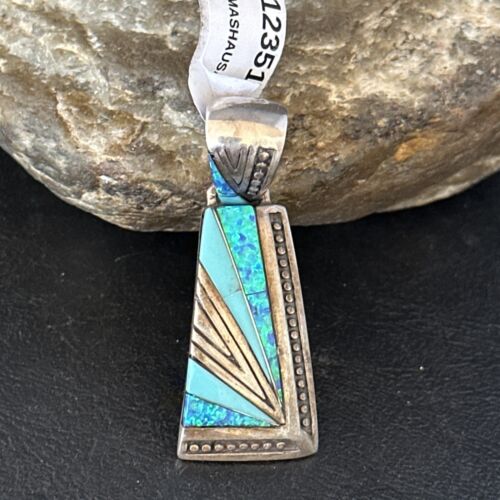 Navajo Sterling Silver Blue Opal Inlay Pendant | Authentic Native American Jewelry | 12351