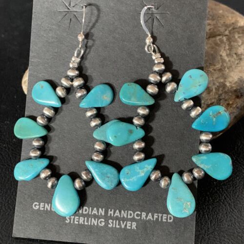 Navajo Blue Cluster Turquoise Bead Earrings | Sterling Silver | Authentic Native American Handmade | 13328