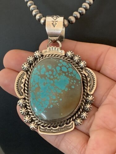 Men's Navajo Pearls Necklace Pendant | Sterling Silver | Blue Turquoise #8 | Authentic Native American Handmade | 528
